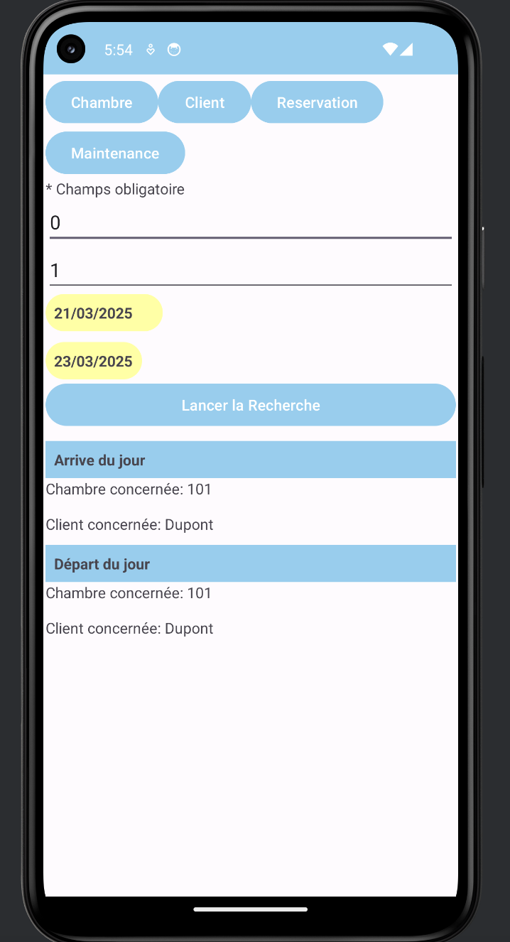 Recherche réservation Android